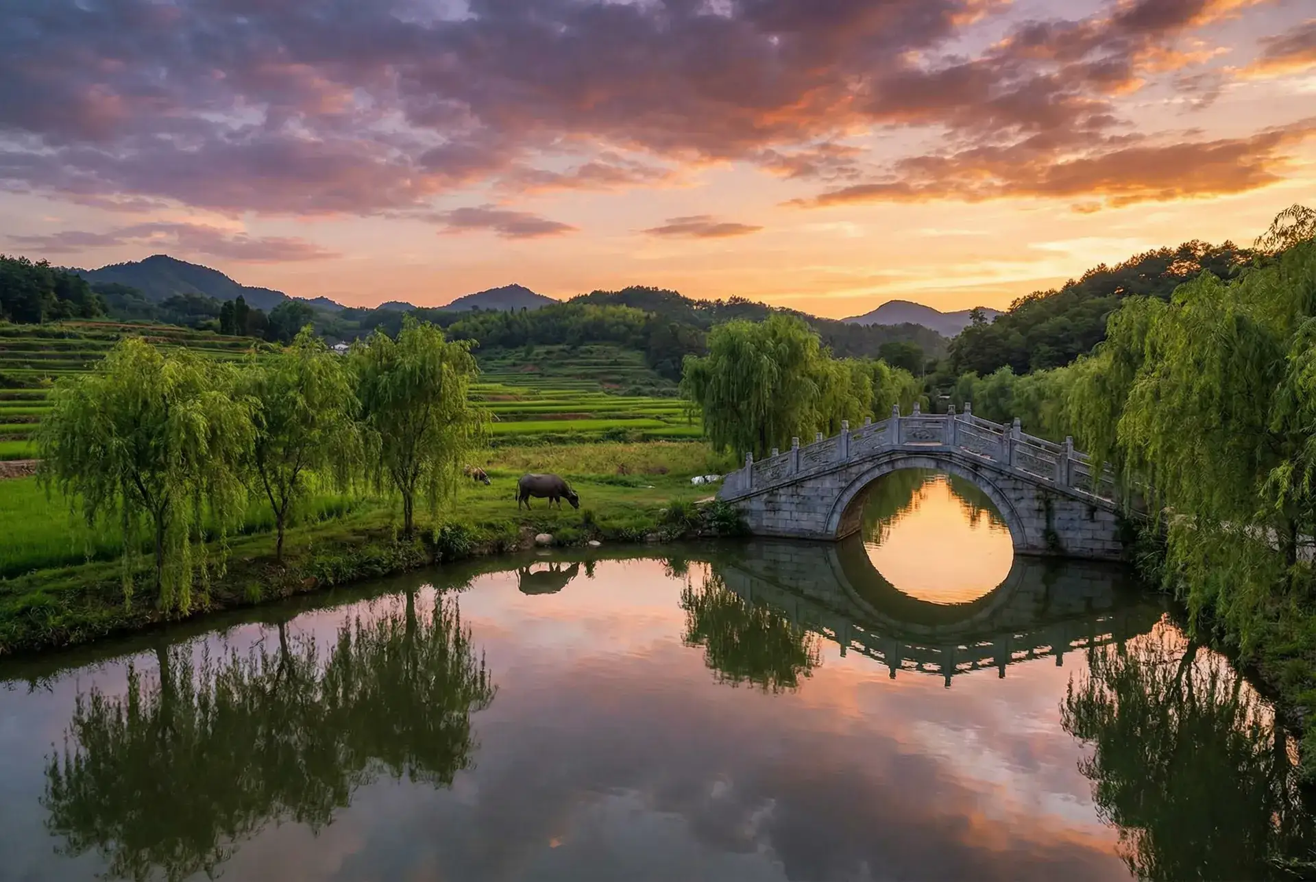 夕阳下的石拱桥与垂柳，水牛在河边吃草 - 男人的加油站app下载 乡村美景